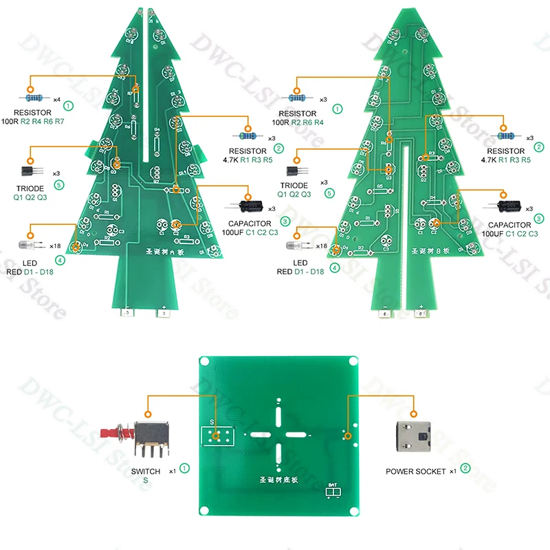 Kit DIY de LED de árbol de Navidad 3D creativo, Kit de circuito de Flash LED rojo/verde/amarillo, Suite electrónica divertida, PCB de 3 colores/7 colores - imagen 3