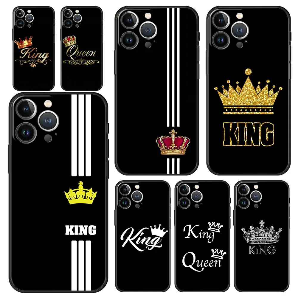 Funda de teléfono para Apple iPhone 11, 15, 14 Pro MAX, 12, 13, 7, 8 Plus, X, XR, XS, MAX, SE, estilo de pareja, dibujos animados, corona, rey, reina