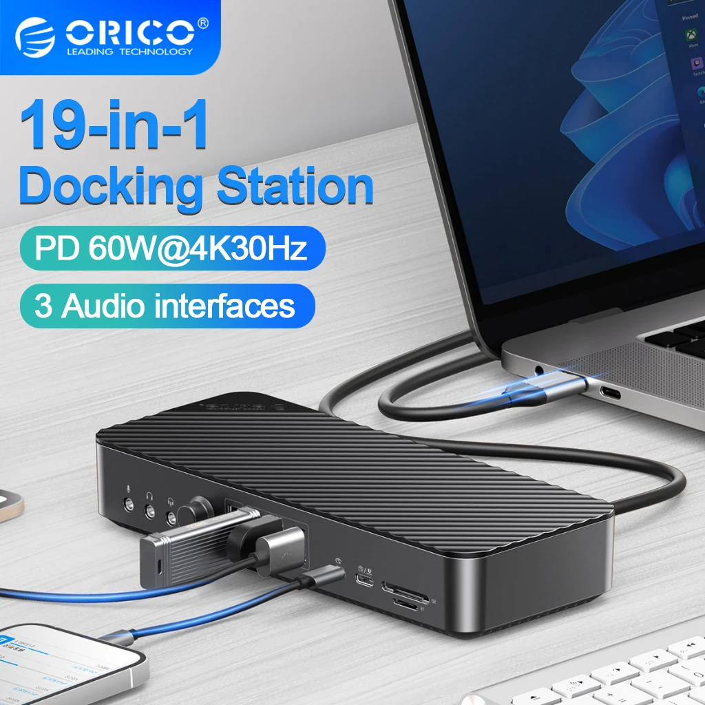 ORICO-estación de acoplamiento steam deck 19 en 1 para escritorio, concentrador tipo C a 4K, HDMI-Com, VGA, 3,5mm, Audio, RJ45, PD, USB 3,0, con ajuste de volumen