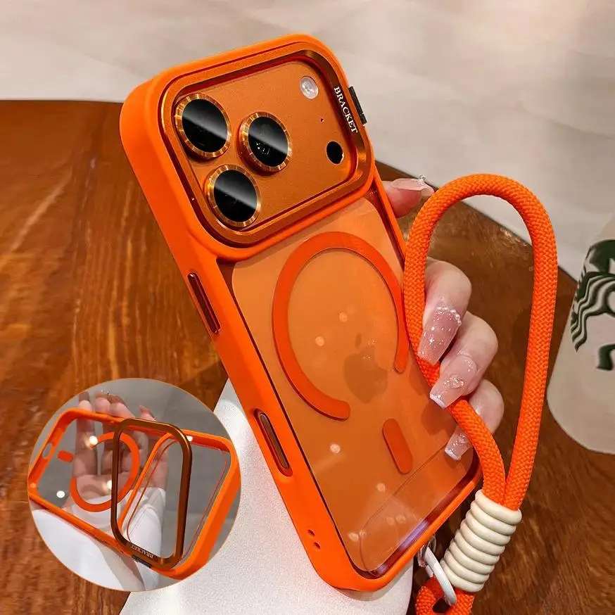 Funda de teléfono con soporte de lente magnética Magsafe de lujo para iPhone 17 16 15 14 13 12 Pro Max Plus, fundas de carga inalámbrica con cordón de aire, funda para iphone 17 16 15 pro max