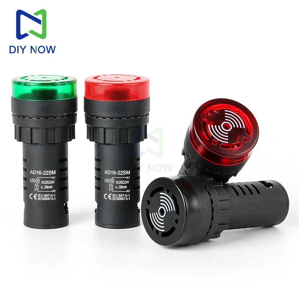 1 Uds 220V AD16-22SM zumbador sonido intermitente luz LED intermitente indicador AC/DC zumbador alarma 12V 24V 110V