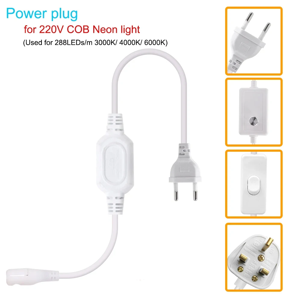Cable de alimentación de CA 220V, enchufe europeo/enchufe británico con interruptor/regulador, enchufe de alimentación de CA para 288 LED/m, 220V, 3000K, 4000K, 6000K, tira de luz de neón COB
