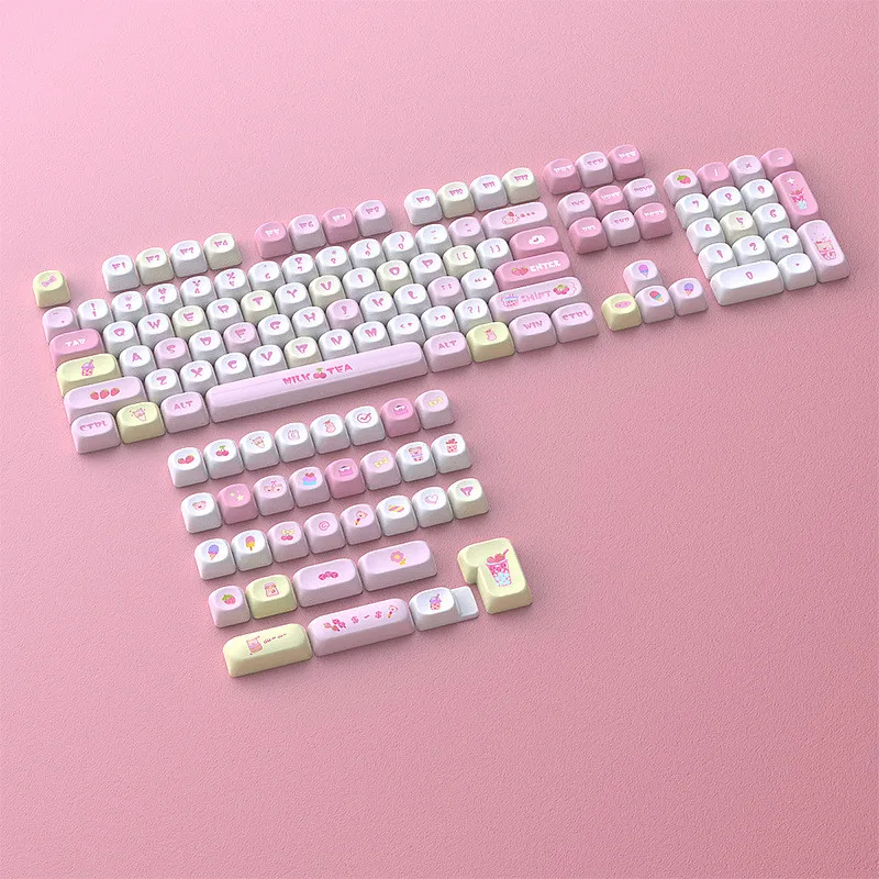 Tapa de tecla con cuentas de fresa, Material MOA PBT, juego completo pequeño DIY, 125 teclas, sublimación de tinte, corazón rosa para niña, bonitas tapas de teclado - imagen 3