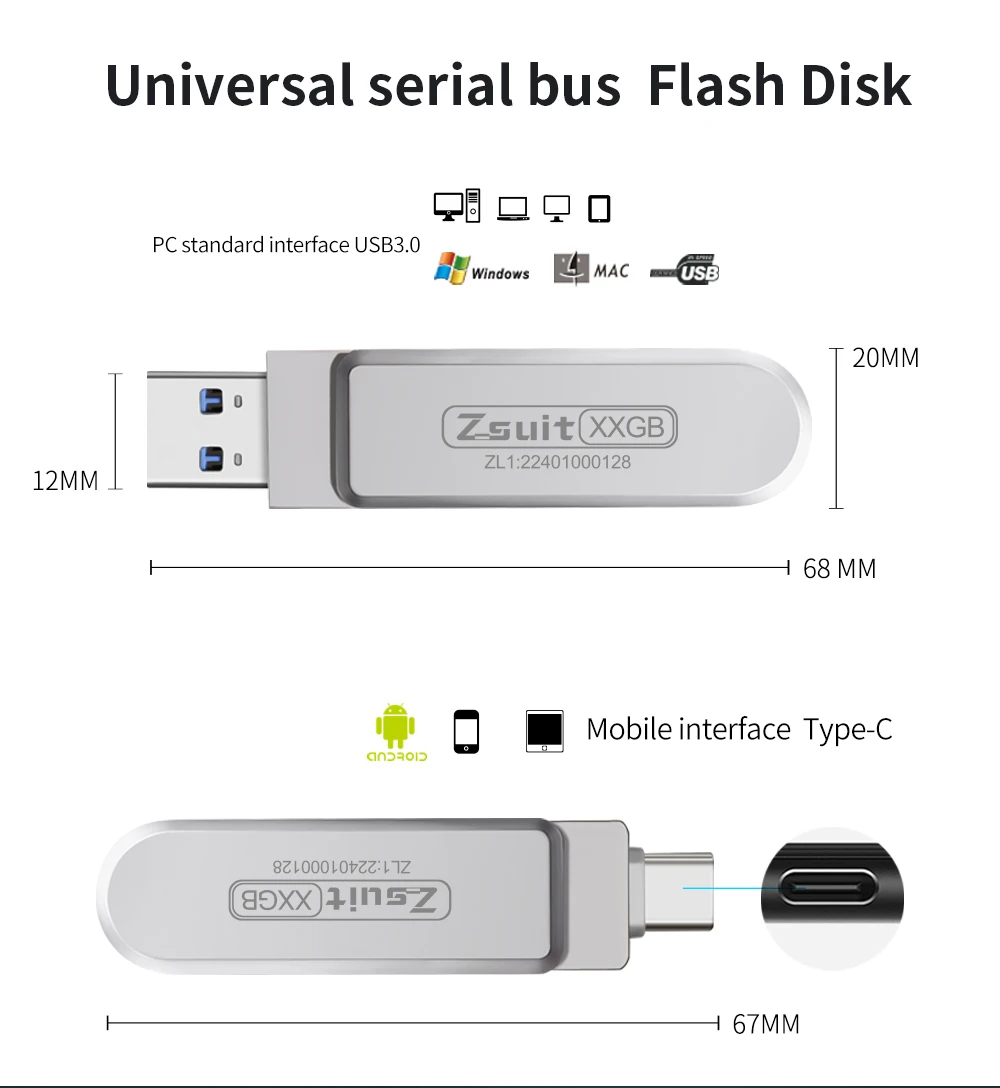 Unidad Flash USB Zsuit, USB-C giratorio, 64GB, 128GB, 32GB, 16GB, USB 3,0 tipo C, unidad de memoria USB 2 en 1 - imagen 5