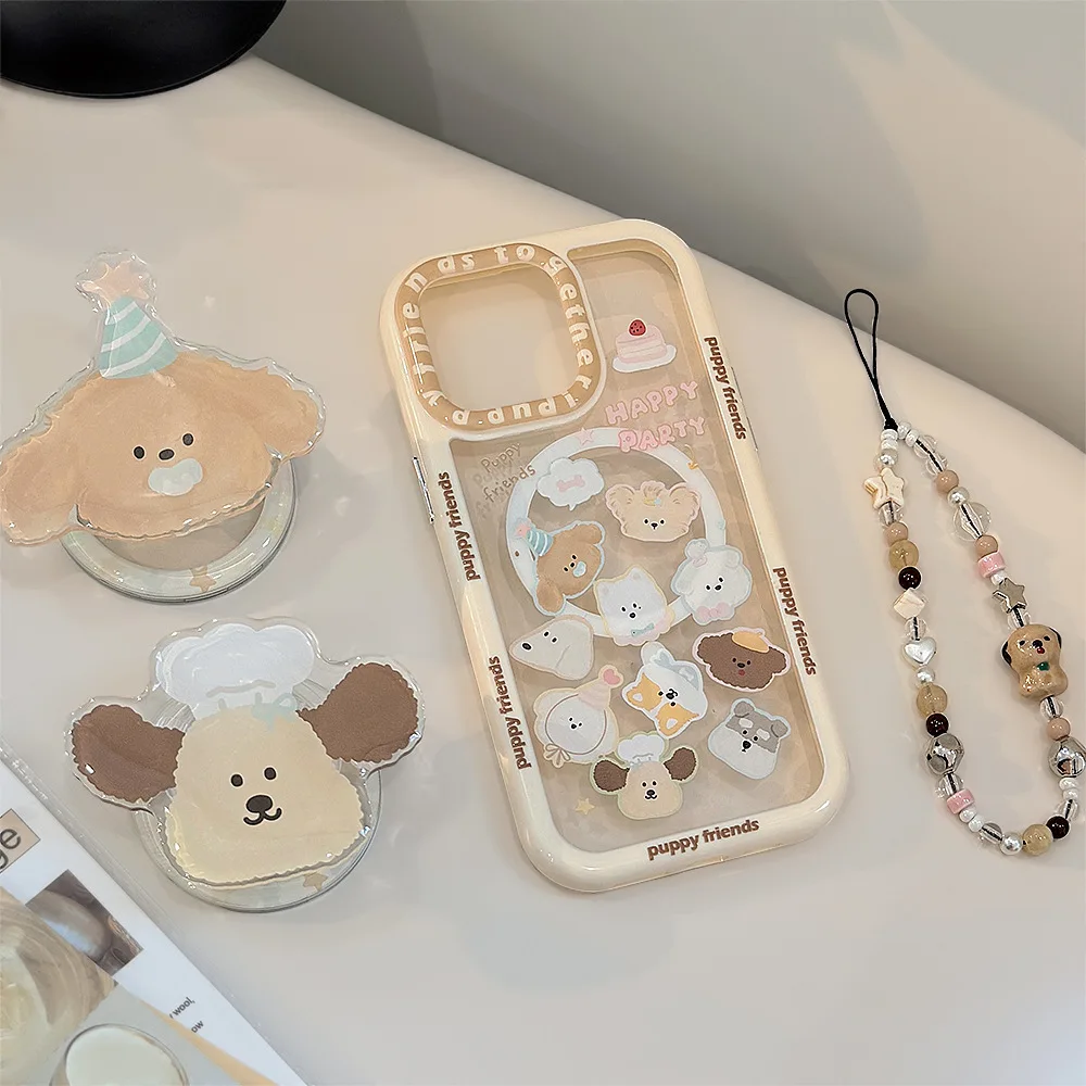 Funda de teléfono con bonito cachorro y perro, con correa de cuentas y soporte magnético para iPhone 16 Pro Max Plus 15 14 13 12 11, funda de dibujos animados para niñas - imagen 4