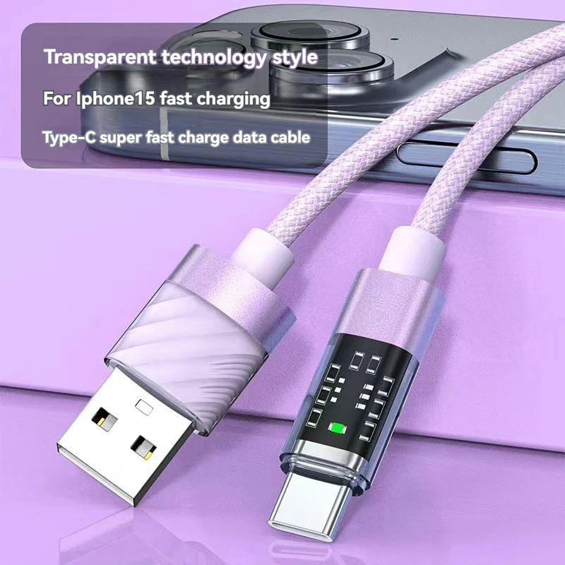 Cable de datos tipo C de carga súper rápida, 100W, 6A, para Xiaomi, Huawei, Samsung, línea de datos semitransparente - imagen 2