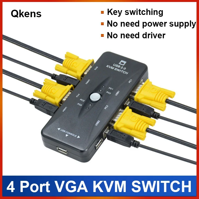 Conmutador KVM USB 2,0, conmutador KVM VGA de 4 puertos, adaptador de conector VGA para 4 ordenadores, ordenador portátil, PC, compartir un conjunto de Monitor de teclado y ratón
