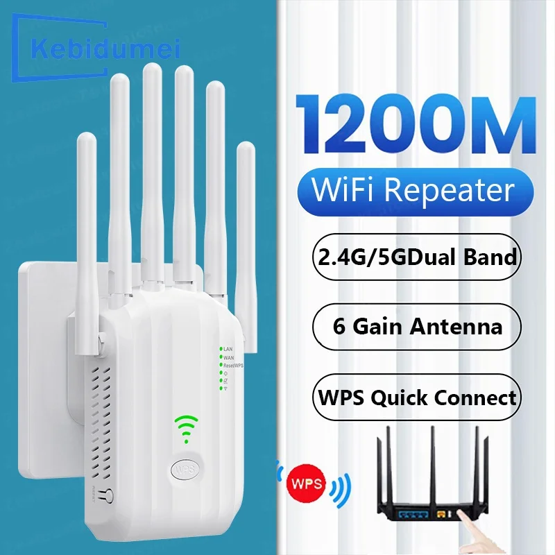 Repetidor WiFi inalámbrico, extensor de señal de 1200Mbps, amplificador Wi-Fi de doble banda de 2,4G y 5GHz, amplificador de señal de largo alcance para el hogar y la Oficina