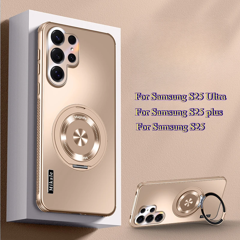Funda rígida magnética Magsafe mate para Samsung S25 Ultra Plus, funda con soporte para anillo de cámara para Galaxy S 25 S25 + carcasa con soporte