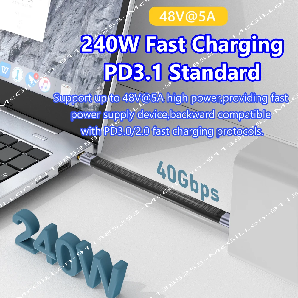 Cable USB 240 Tipo C PD 4,0 W Gen3, Cable de carga rápida 5A, Cable USB C a USB-C Thunderbolt 3 8K @ 60Hz, Cable USB Tipo C 40gbps, Cable de datos - imagen 3