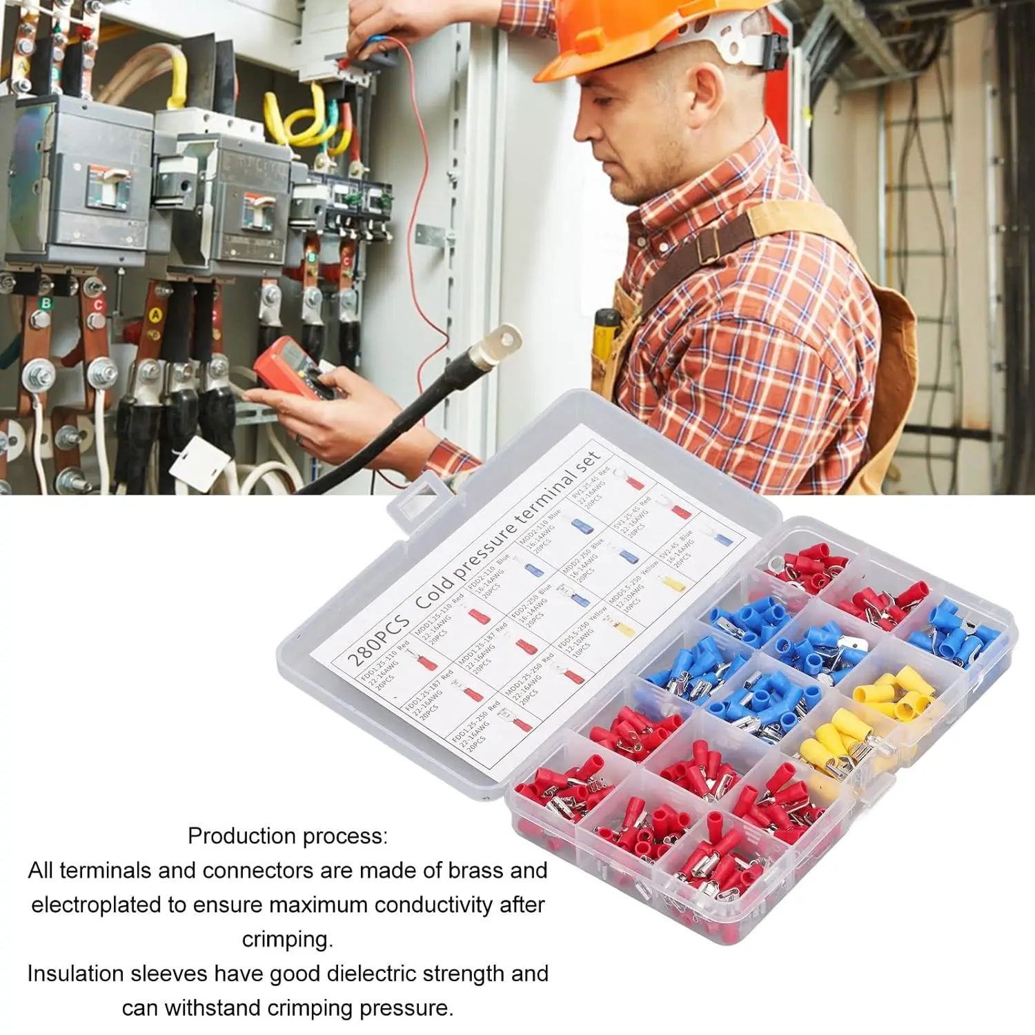 El Kit de terminales prensados en frío de 280 Uds incluye terminales aislados macho hembra, terminales de horquilla y anillo, mangas aislantes, núcleo de aleación