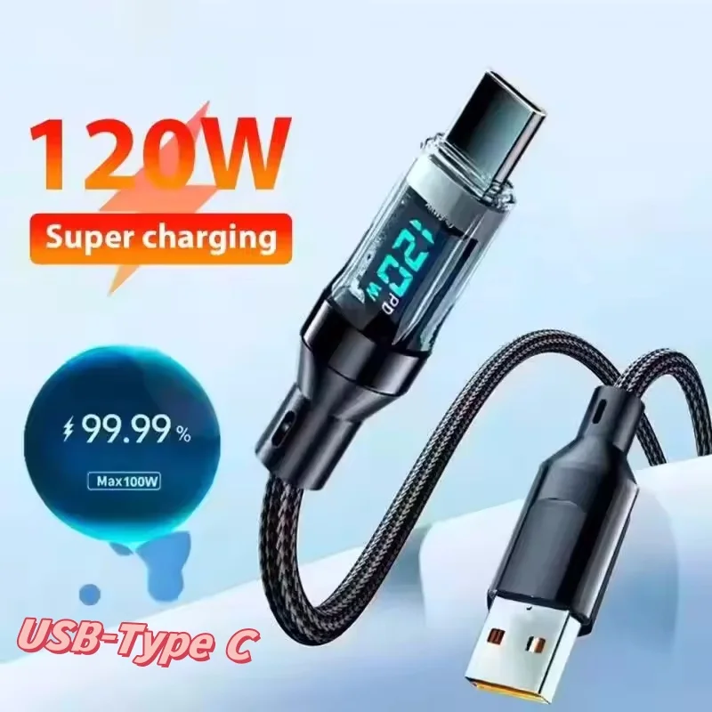 Cable de carga súper rápida para teléfono, Cable de 120W tipo C a tipo C con pantalla LED, Cable de datos USB a tipo C para huawei oppo vivo