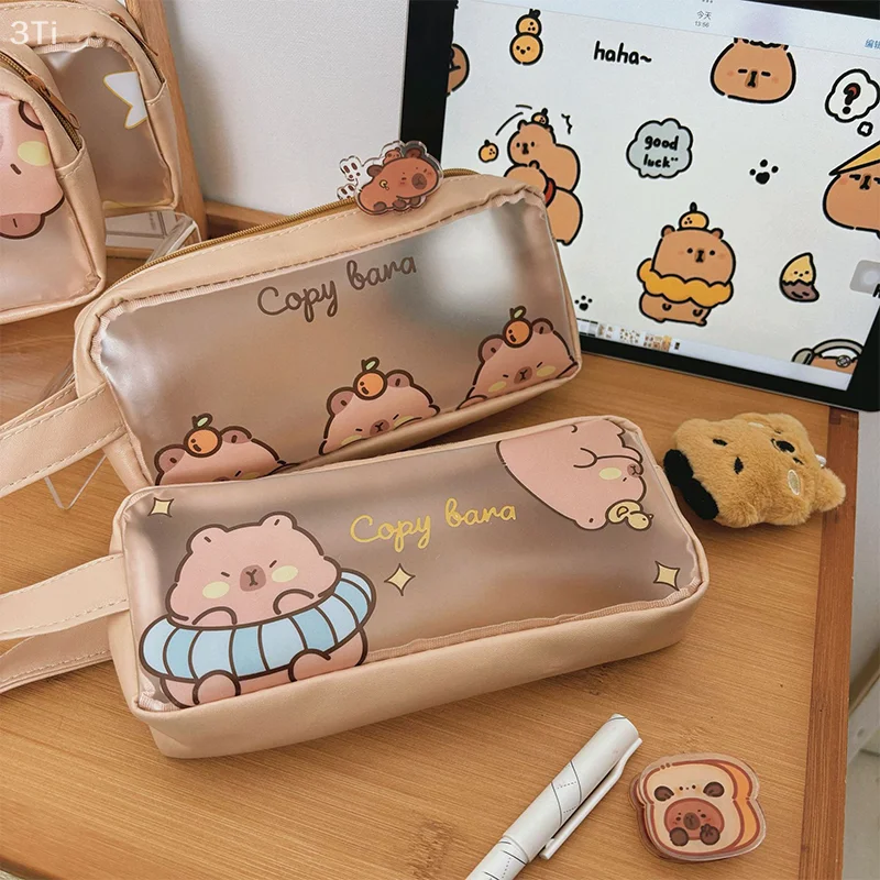 Estuche espacioso para lápices de capibara de dibujos animados, bolsa de almacenamiento de útiles escolares estilo Kawaii