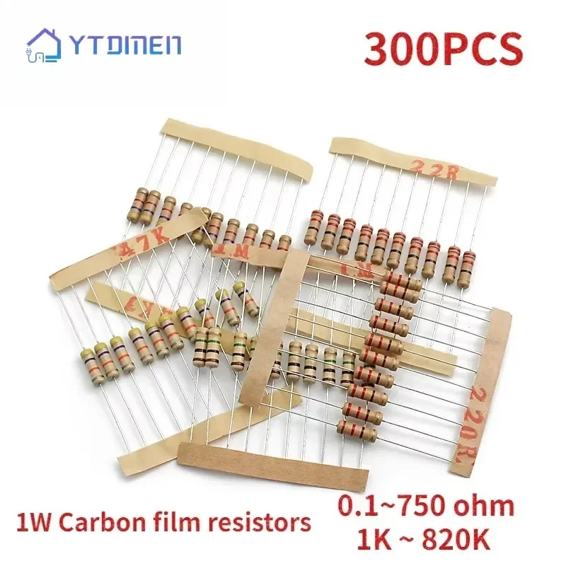 Kit surtido de resistencias de 300 piezas 1W 30 valores * 10 piezas Kit de película de carbono 0.1R-750R/1K ~ 820K resistencias 5% resistencia 1K 10K 100K