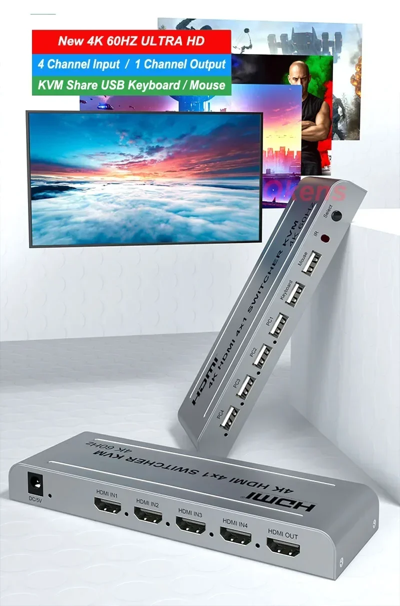 Conmutador KVM HDMI 4K 60Hz 4x1 Vs 4K 30Hz conmutador HDMI 4x1 4 en 1 salida convertidor de vídeo 4 PC Host Share 1 Monitor USB ratón teclado - imagen 5
