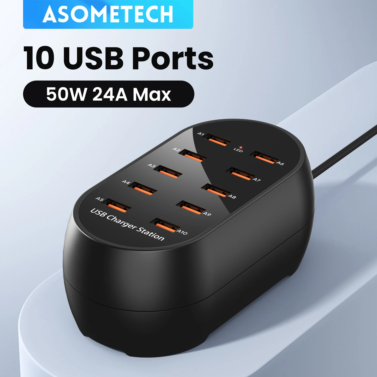 ASOMETECH-cargador USB de 10 puertos, 100V-240V, UE, EE. UU., KR, Reino Unido, estación de carga USB de escritorio para múltiples dispositivos, iPhone, Samsung, Xiaomi