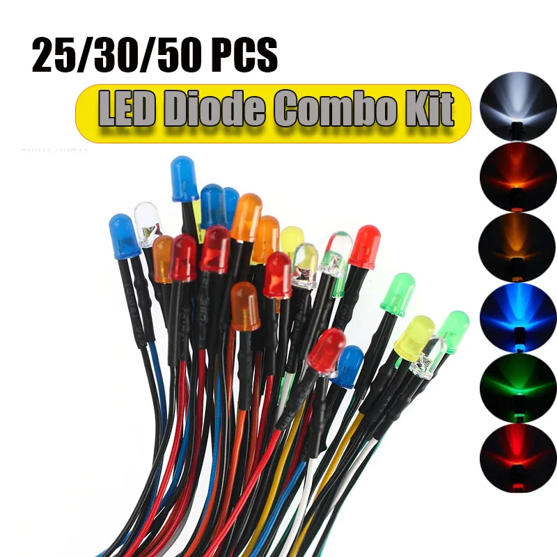 25/30/50 Uds 12V 5mm Kit de luces de diodos LED precableados rojo/verde/azul/blanco/naranja/amarillo diodos emisores de luz 20cm para Arduino