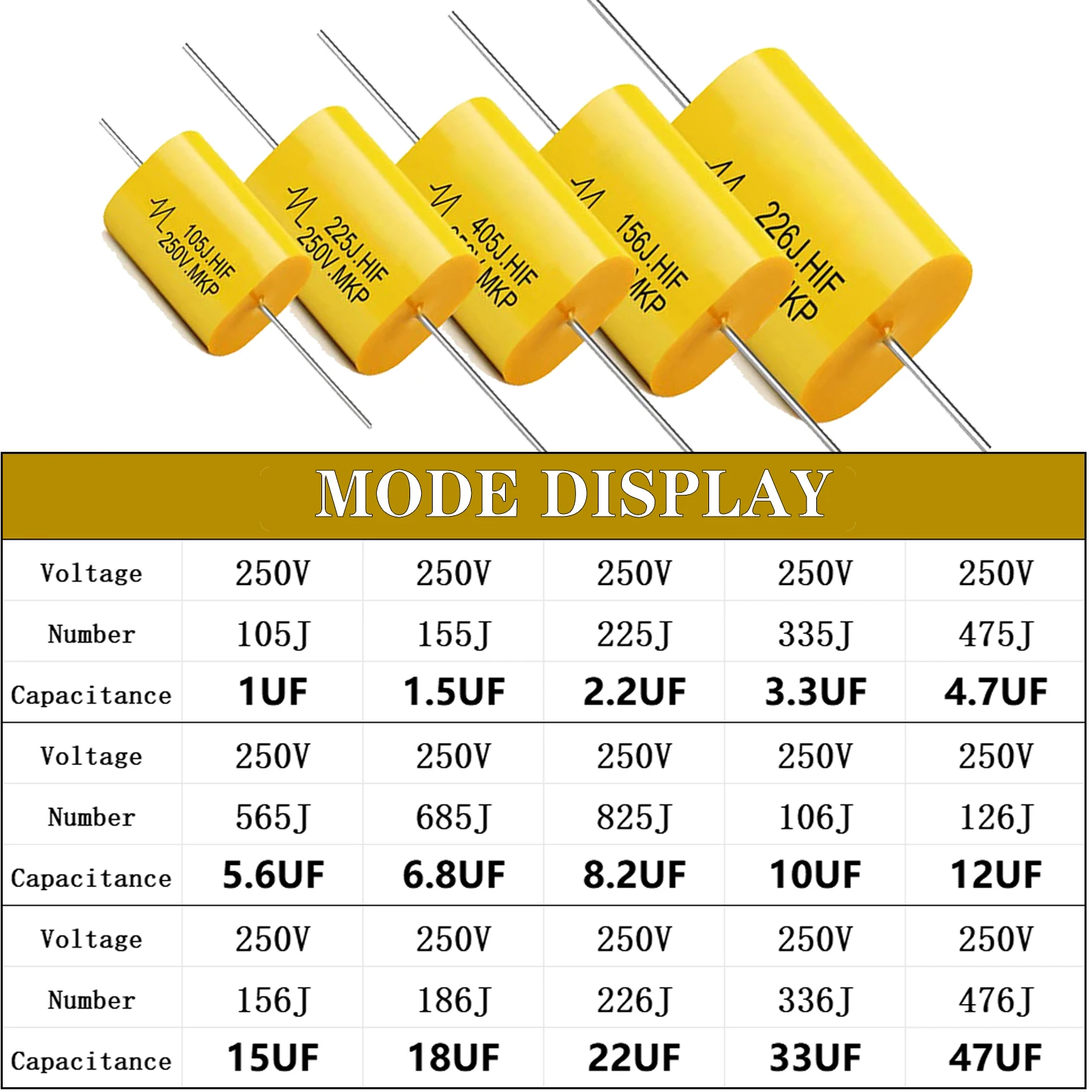 5 uds condensador de película Audio 250V DC condensadores de polipropileno tipo plomo Axial redondo división de frecuencia amarilla 1UF 1,5 UF 1,8 UF 2,2 UF - imagen 2