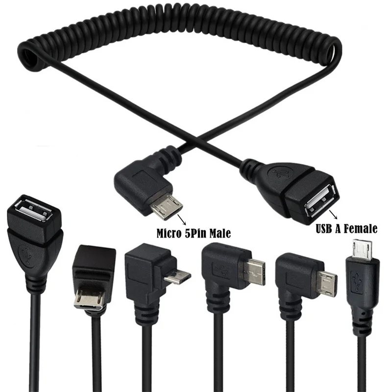 USB 2,0 A hembra en espiral a ángulo izquierdo y derecho 90 grados MICRO USB B 5 pines macho espiral OTG cable adaptador