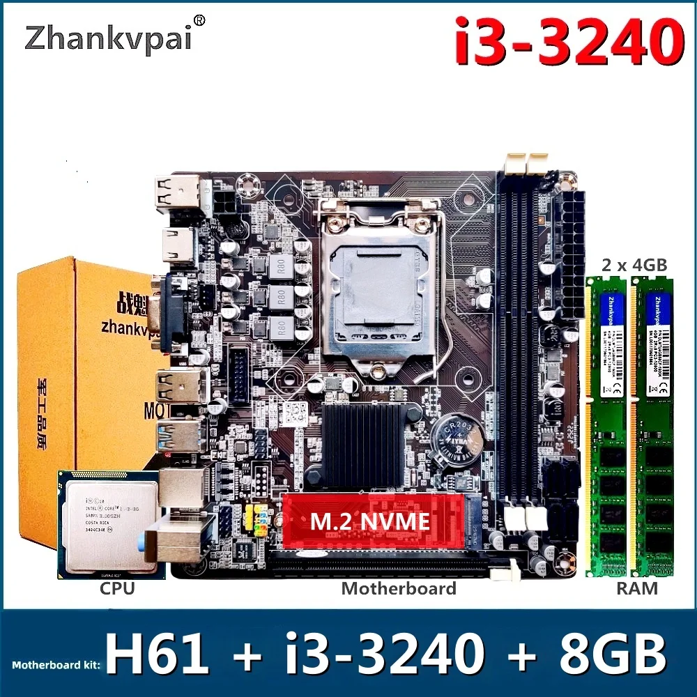 Placa base de escritorio H61 LGA1155 para Intel Set con Core Duo, 3,3 GHZ, Cpu, i3-3240, memoria de 8GB, placa base de ordenador