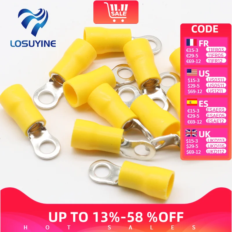 Terminal aislado de anillo amarillo RV5.5-4, juego de terminales de crimpado de cable, Conector de Cable de 4-6mm2, RV5-4 RV, 100 unids/paquete