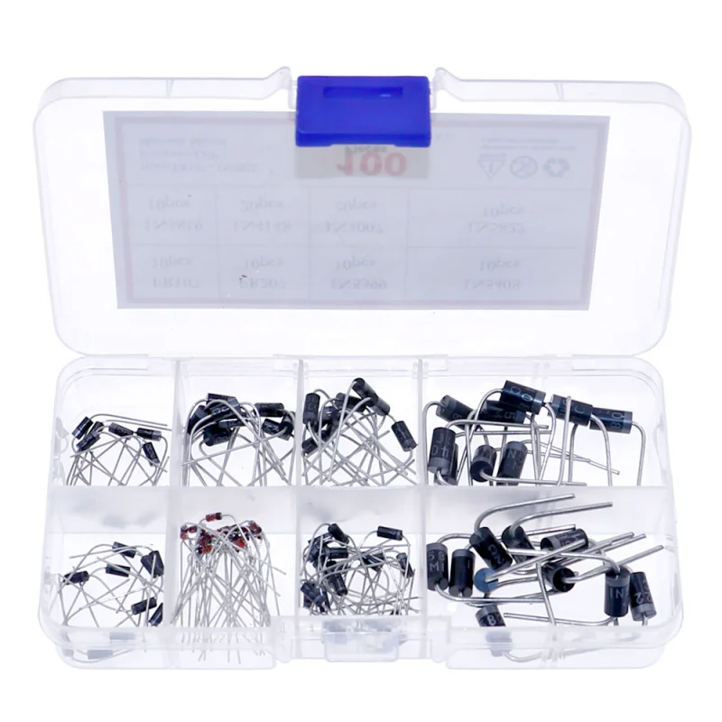Kit de diodos rectificador Schottky 1N4007 1N4148 1N5817 1N5408 1N5822 1N5399 FR107 FR207 en caja de componentes, 100 Uds.