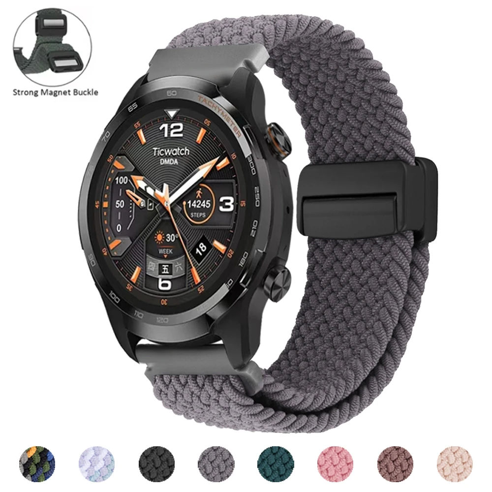 Correa elástica de nailon de 20mm y 22mm para TicWatch E2/E3/S2/GTH 2/GTW/GTH, pulsera trenzada TicWatch Pro 3 Ultra GPS con bucle magnético