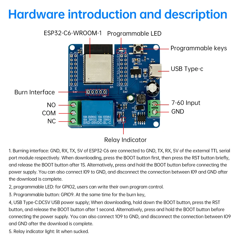 Módulo de relé de 1 canal DC 5-60V ESP32-C6 integrado WIFI Bluetooth módulo de placa de desarrollo tipo C 5V - imagen 4