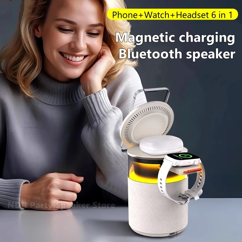 Altavoces inalámbricos con Bluetooth, luz nocturna de ambiente, escritorio, dormitorio, mesita de noche, soporte estéreo para IPhone/reloj/AirPods, carga inalámbrica - imagen 2