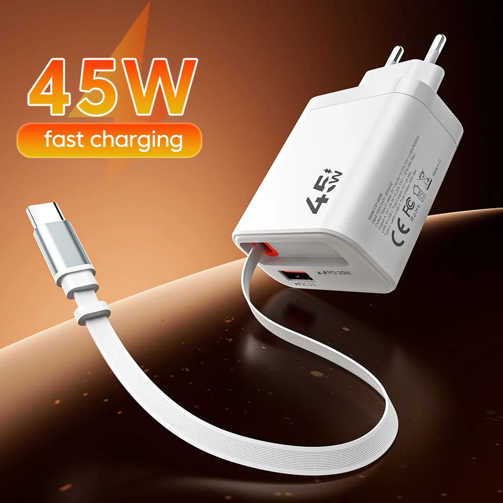 Cargador rápido de 45W con Cable retráctil tipo C para iPhone 15 16 17 Samsung Xiaomi USB tipo C cargador rápido de pared para teléfono móvil