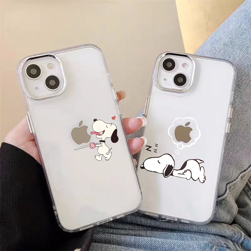 Funda de teléfono transparente con diseño de Snoopy para Iphone 16, 15, 13, 12, 11 Pro Max, 16E, 14 Plus, 13 Pro, XS Max, XR, 7, 8, SE, 2022, cubierta de lente de Metal