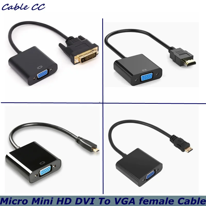 HD 1080P DVI24+1 Convertidor Micro Mini HDMI a VGA hembra, con fuente de alimentación Micro USB de audio con conector de 3,5 mm, para portátiles, PC, televisores,
