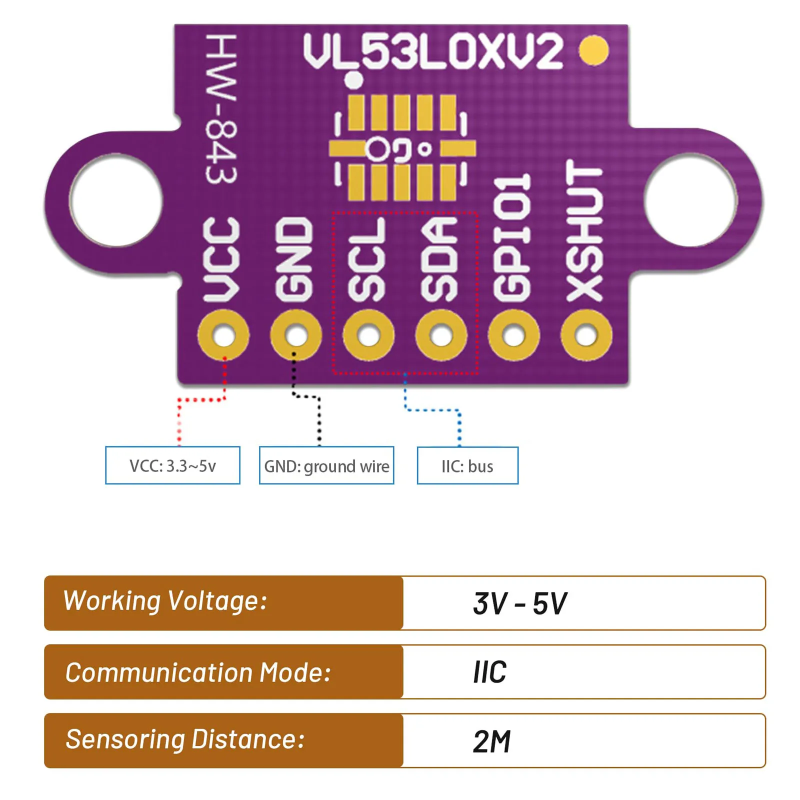 Módulo de Sensor de rango VL53L0X, 1/2 Uds., VL53L0X, tiempo de vuelo (ToF), ruptura del Sensor de rango 2,8-5V, comunicación de interfaz I2C IIC - imagen 3