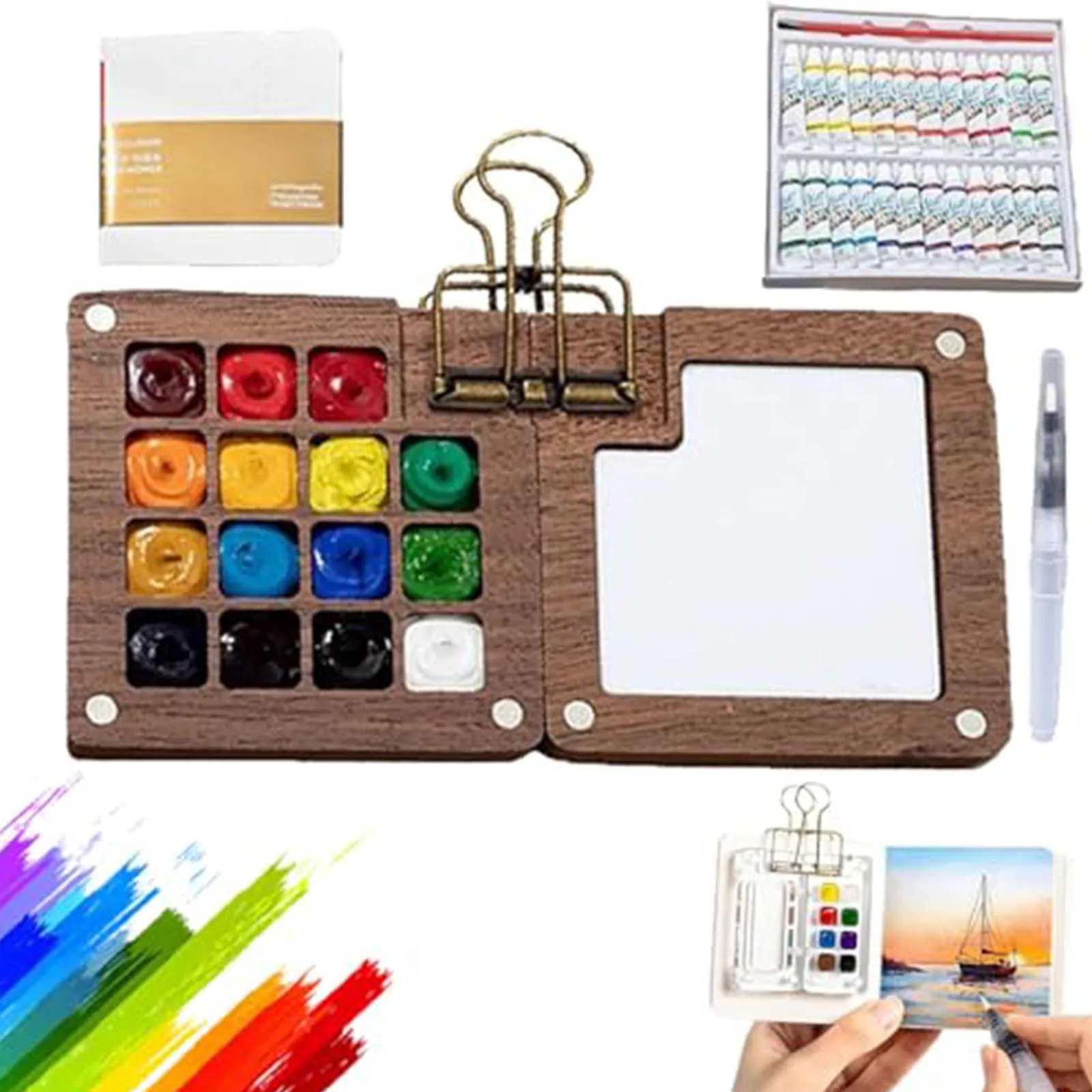 Mini juego de pintura de acuarela, Kit de viaje de bolsillo de madera para artistas con pincel y cuaderno de bocetos, juego de acuarelas portátil para artistas pintores