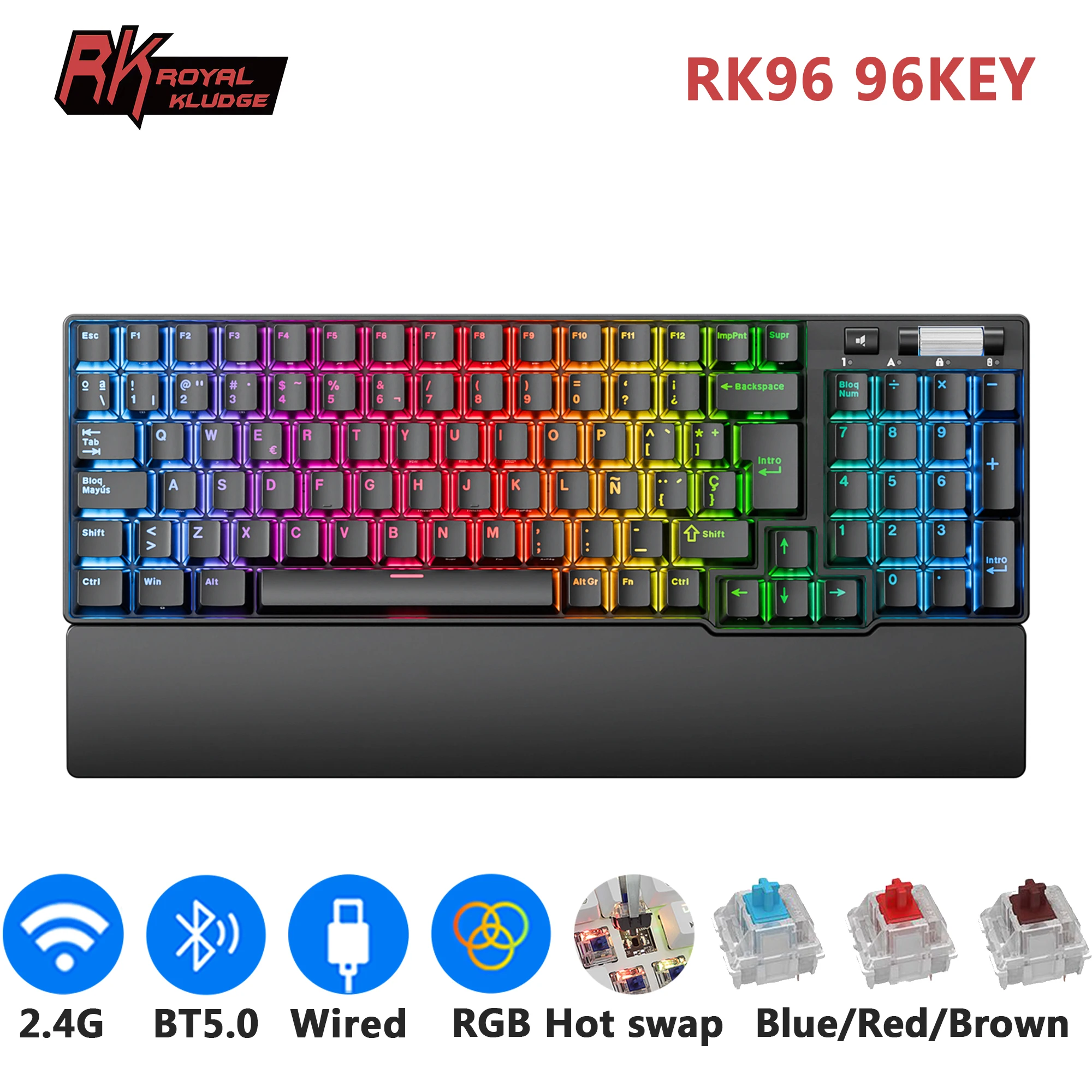 RK ROYAL KLUDGE-Español Teclado mecánico inalámbrico RK96, dispositivo con Bluetooth, 96 teclas, RGB, trimodo BT5.0/2,4G/USB, intercambiable en caliente - imagen 2