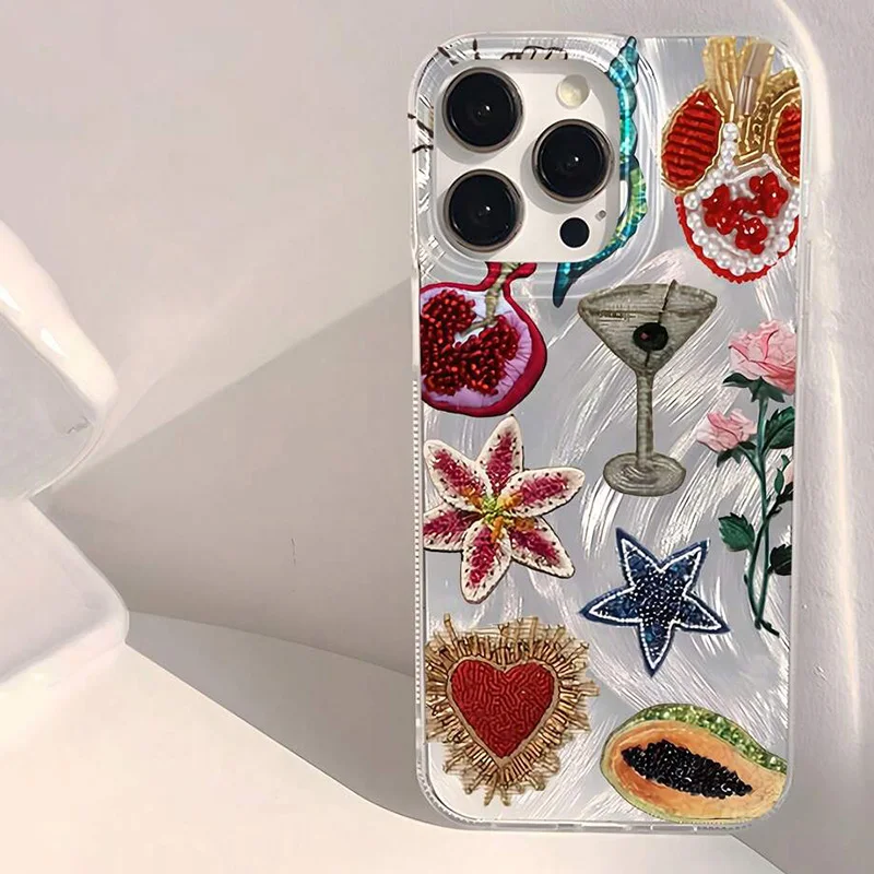 Funda de teléfono con patrón de flores y corazón con cuentas a la moda para iPhone 16/14/13/16E/12/11/15 pro Max/SE/XR/X/ XS MAX/7/8 plus