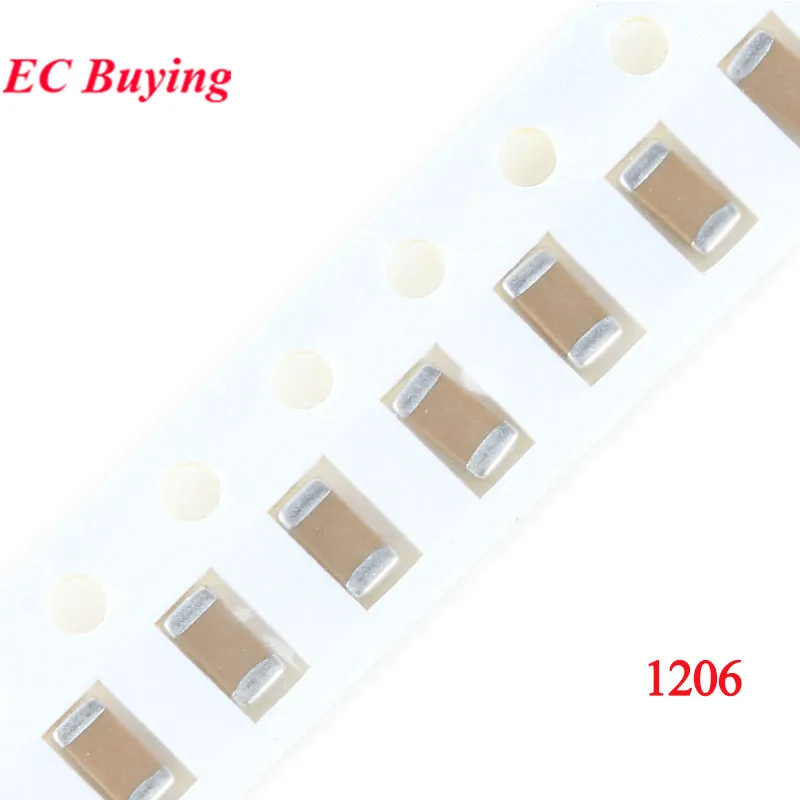 100 Uds 1206 3216 SMD Chip condensador cerámico 22pF 100pF 1NF 2.2NF 10NF 1uF 2.2uF 4.7uF 10uF 47uF 100uF 330uF 6,3V 10V 16V 25V 50V