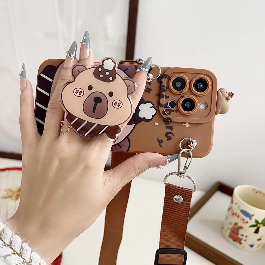 Para Xiaomi Redmi 8 9 9T A1 A3 Note 7 8 9 10 Pro Funda tímida Capibala con cuerda de soporte - imagen 3