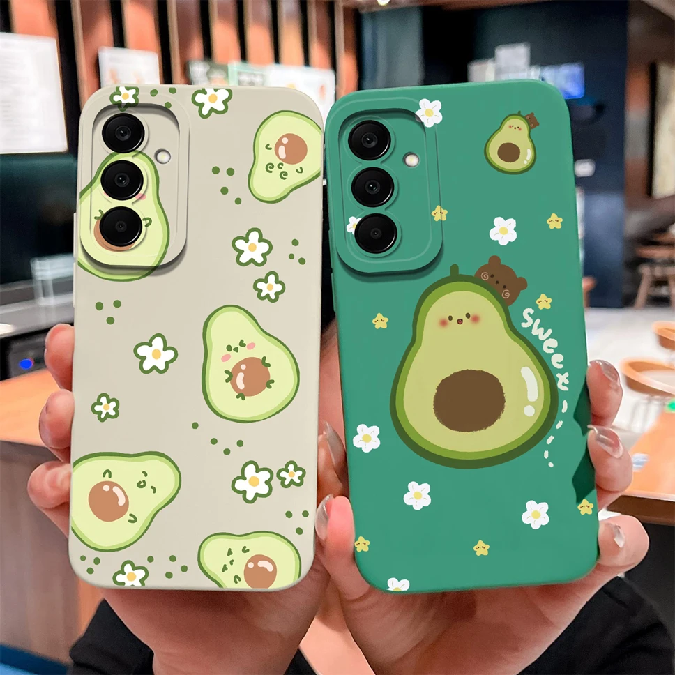 Funda para Samsung Galaxy M17 F17 5G, bonita carcasa de teléfono ligera de silicona líquida suave con diseño de gato y aguacate para GalaxyM17 F 17