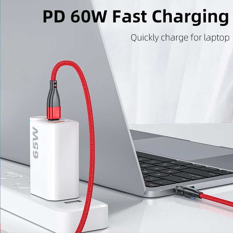 CQXSMAX-Cable de carga rápida USB tipo C a USB tipo C, Cable giratorio de 60W 3A 180 para Macbook, Xiaomi, Huawei, Cable de datos para cargador de teléfono - imagen 5