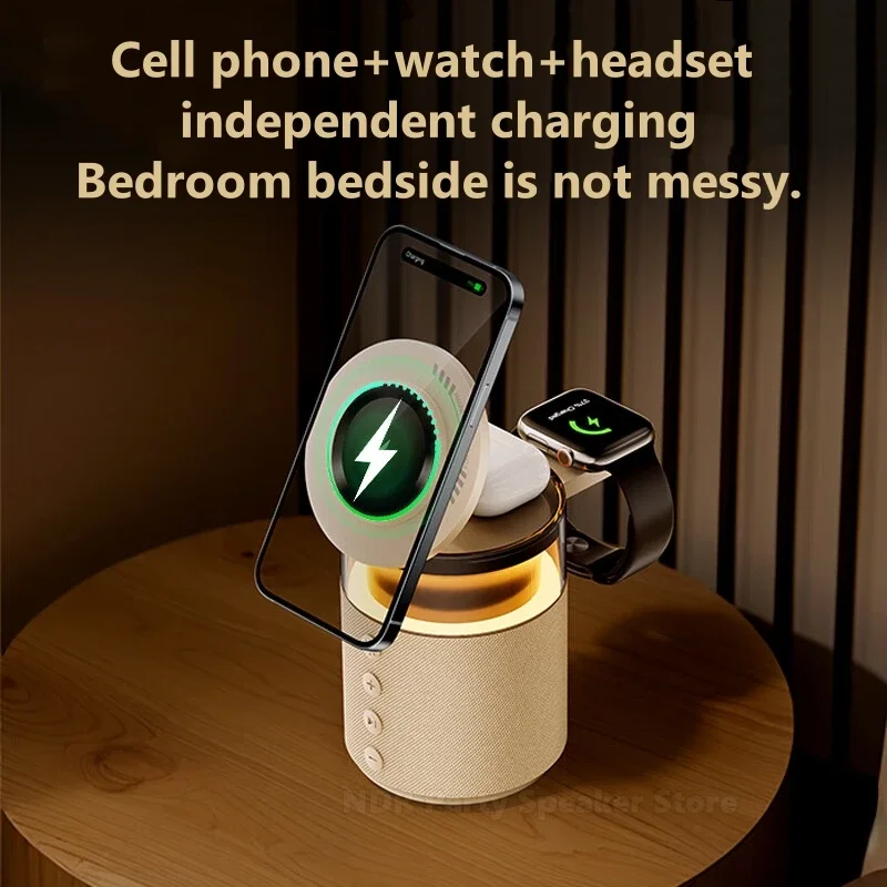 Altavoces inalámbricos con Bluetooth, luz nocturna de ambiente, escritorio, dormitorio, mesita de noche, soporte estéreo para IPhone/reloj/AirPods, carga inalámbrica - imagen 3