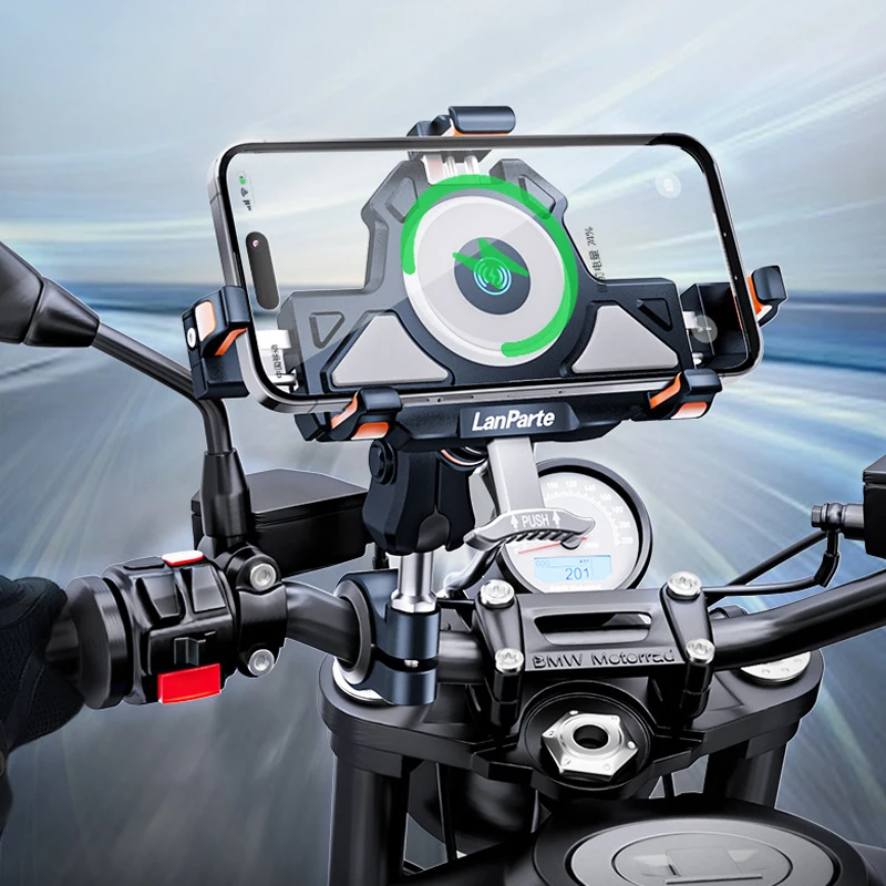 Soporte de teléfono de Metal a prueba de golpes para motocicleta, 4 amortiguadores de vibración, cargador inalámbrico de 15W, carga rápida, soporte para bicicleta y motocicleta - imagen 2