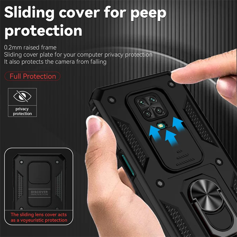 Para Xiaomi Redmi Note 9S funda a prueba de golpes armadura cámara protectora funda de teléfono para Redmi Note 9 Pro Max cubierta de anillo de soporte magnético para coche