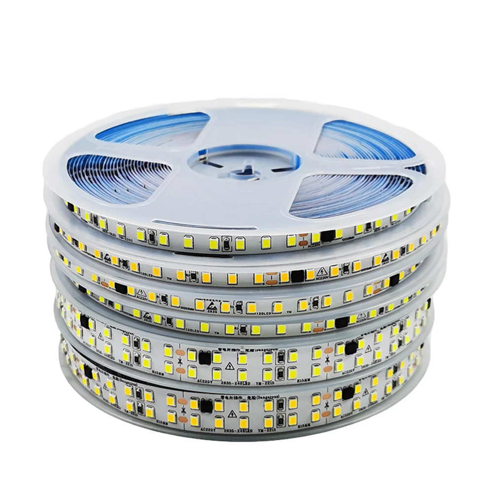 Tira de luces LED AC220V ~ 230V 2835 120/240 LED/m 5M lámpara 220V tira de luz LED cinta de diodo de 220 voltios lámpara suave Flexible para Bar hogar