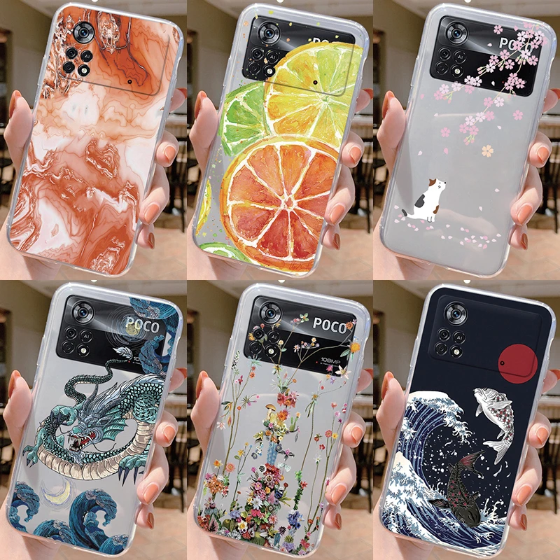 Para Poco X4 Pro 5G Funda de flores de silicona suave TPU Funda trasera de teléfono para Xiaomi PocoX4 Pro X4PRO Funda carcasa de parachoques transparente