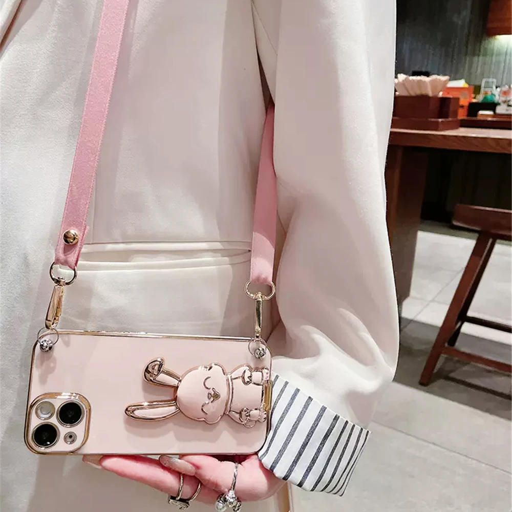 Funda de teléfono con correa de cordón cruzado para Xiaomi Redmi Note 11 11S 10 9 8 Pro 10S 9S 10A 10C 9A funda de silicona con soporte de conejo bonito - imagen 5