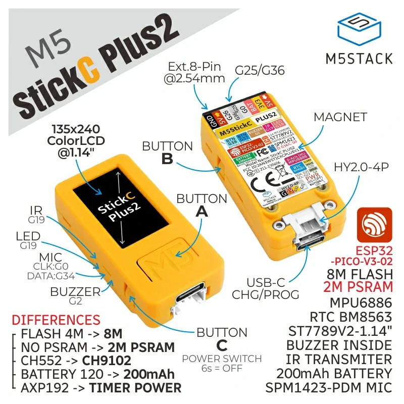 M5Stack oficial M5StickC PLUS2 ESP32 Mini IoT Kit de desarrollo pantalla TFT de 1,14 pulgadas controlador IoT para UIFlow - imagen 2