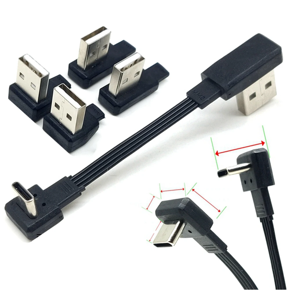 Cable de datos ultracorto tipo c para móvil, Conector de doble cara de 10CM-100CM para Android, súper plano, suave, doble codo, tpc, cargador