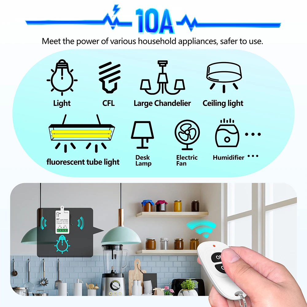 Interruptor de luz con Control remoto inalámbrico, 433Mhz, 220V, 230V, 110V, 10A, módulo de relé de tamaño Mini para Control remoto, lámpara LED para el hogar, ventilador - imagen 2