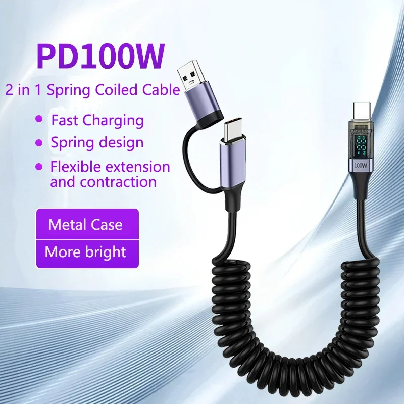 PD 100W resorte en espiral tipo C Cable de carga rápida 2 en 1 USB A/tipo-c a USB C Cable de datos pantalla Digital para iphone16 Huawei - imagen 2